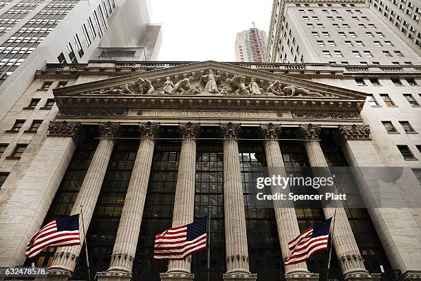 The New York Stock Exchange stands in lower Manhattan on the first day of trading after Donald Trump was sworn in as president on January 23, 2017 in...