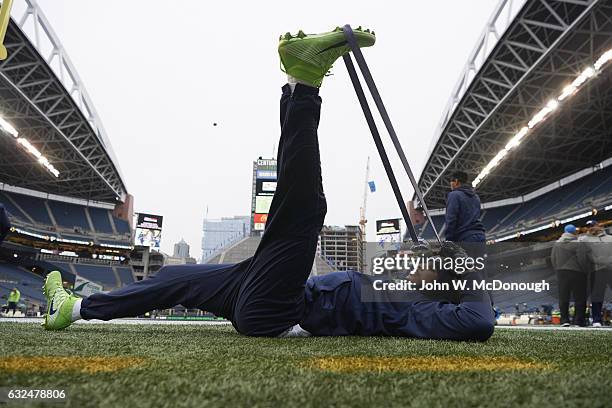 Playoffs: View of Seattle Seahawks player stretching on field before game vs Detroit Lions at CenturyLink Field. Seattle, WA 1/7/2017 CREDIT: John W....