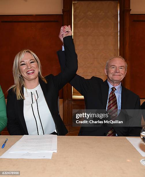 Michelle O'Neill is unveiled as the new Sinn Fein leader in the north at a Stormont announcement press conference alongside Martin McGuinness on...