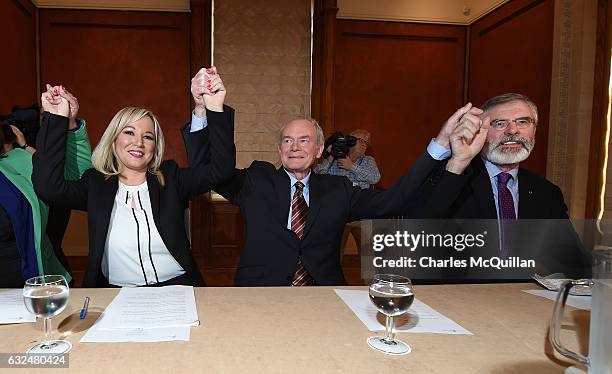 Michelle O'Neill is unveiled as the new Sinn Fein leader in the north at a Stormont announcement press conference alongside Martin McGuinness , Sinn...