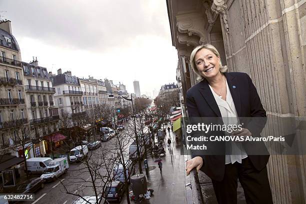 French politician and president of the National Front, Marine Le Pen is photographed at campaign headquarters on Rue du Faubourg Saint-Honore for...