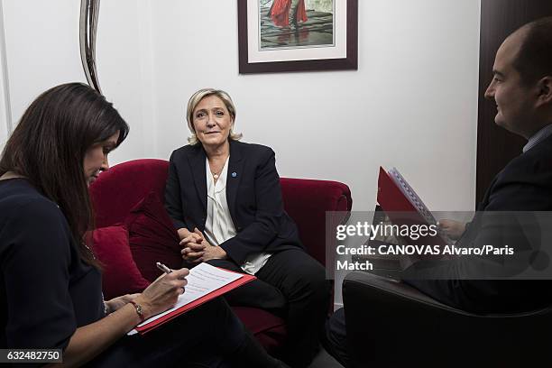 French politician and president of the National Front, Marine Le Pen is photographed with her campaign director David Rachline for Paris Match on...