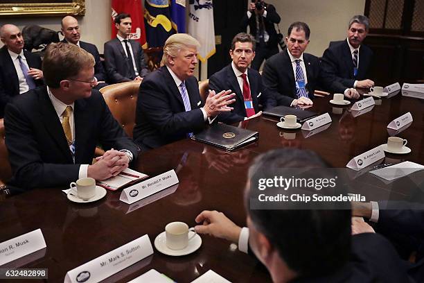 President Donald Trump delivers opening remarks during a meeting with Wendell Weeks of Corning, Alex Gorsky of Johnson & Johnson, Michael Dell of...