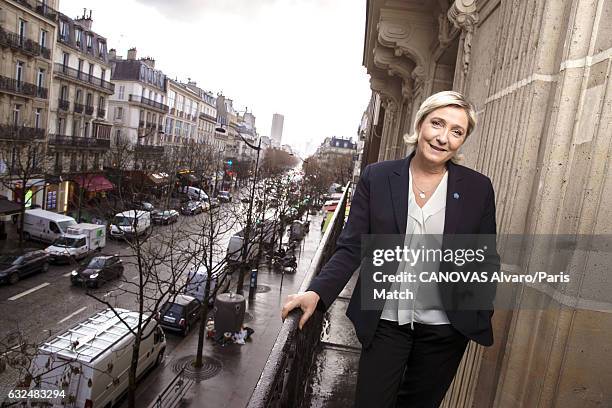 French politician and president of the National Front, Marine Le Pen is photographed at campaign headquarters on Rue du Faubourg Saint-HonorÈ for...