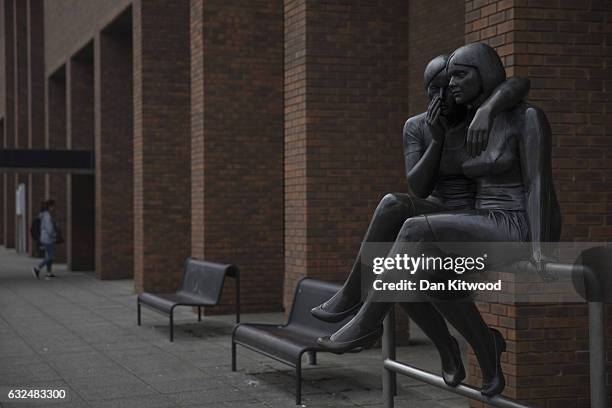 General view of a statue outside the Milton Keynes Library on January 23, 2017 in Milton Keynes, England. Milton Keynes in Buckinghamshire marks the...