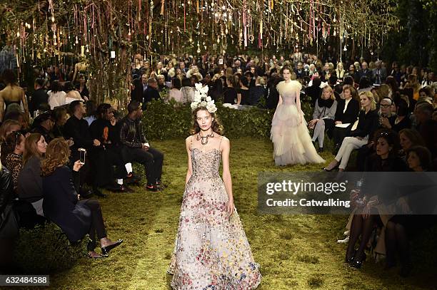 Model walks the runway at the Christian Dior Spring Summer 2017 fashion show during Paris Haute Couture Fashion Week on January 23, 2017 in Paris,...