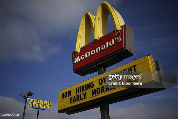 Message about job hiring is seen on signage at a McDonald's Corp. Fast food restaurant in White House, Tennessee, U.S., on Wednesday, Jan. 18, 2017....