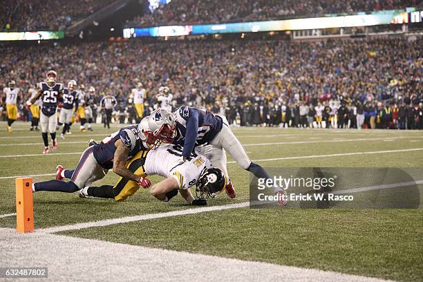 Playoffs: Pittsburgh Steelers Jesse James in action vs New England Patriots Patrick Chung at Gillette Stadium. Foxborough, MA 1/22/2017 CREDIT: Erick...