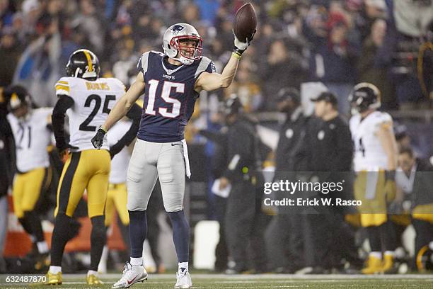 Playoffs: New England Patriots Chris Hogan victorious after scoring touchdown vs Pittsburgh Steelers at Gillette Stadium. Foxborough, MA 1/22/2017...