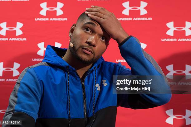 Jonathan Tah of Leverkusen speaks during presentation of a new Under Armour ClutchFit 3.0 on January 23, 2017 in Dusseldorf, Germany.