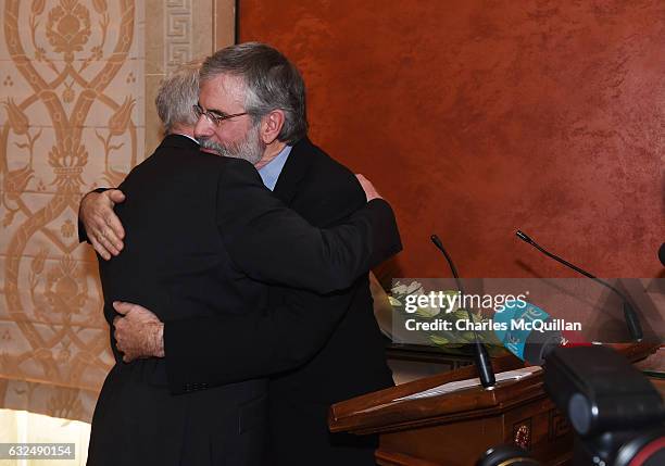 Martin McGuinness is embraced by Gerry Adams at Michelle O'Neill's press conference confirming her as the new Sinn Fein leader in the north on...