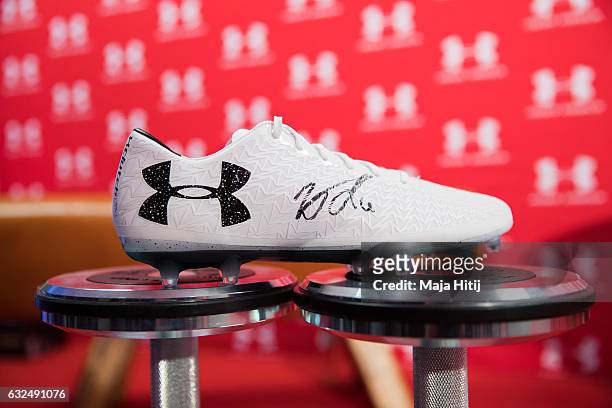 New Under Armour ClutchFit 3.0 football shoe signed by Jonathan Tah of Leverkusen is seen during Under Armour Collection Launch on January 23, 2017...