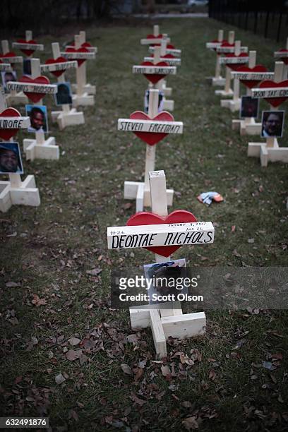 Forty-three crosses sit in a vacant lot in the Englewood neighborhood on January 23, 2017 in Chicago, Illinois. Each cross, created by Greg Zanis,...