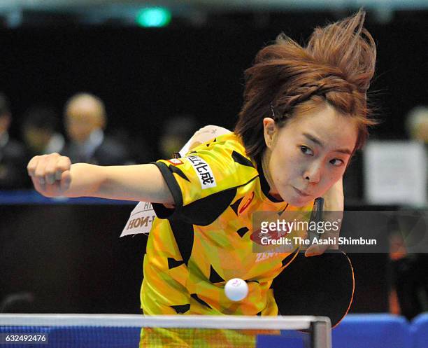 Kasumi Ishikawa competes in the Women's Singles quarter final match during day six of the All Japan Table Tennis Championships at Tokyo Metropolitan...