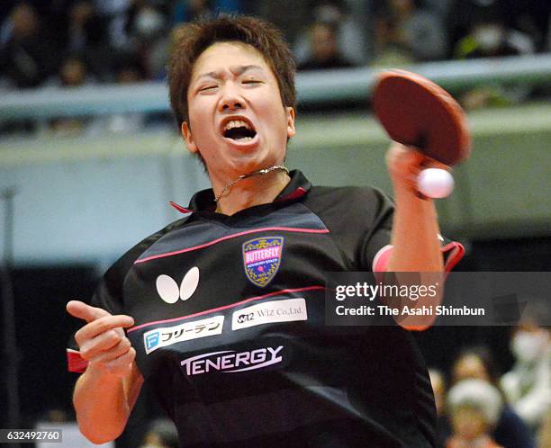 Jun Mizutani competes in the Men's Singles quarter final match during day six of the All Japan Table Tennis Championships at Tokyo Metropolitan...