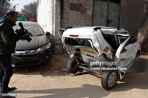 The damaged WagonR that was hit by a BMW car in an accident killing its driver at the police station , Vasant Vihar, on January 23, 2017 in New...