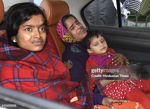 Relatives of the WagonR driver who was killed in accident with BMW mourn at Police Station, Vasant Vihar on January 23, 2017 in New Delhi, India....