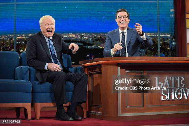 The Late Show with Stephen Colbert and guest Chris Matthews during Thursday's 01/19/16 show in New York.