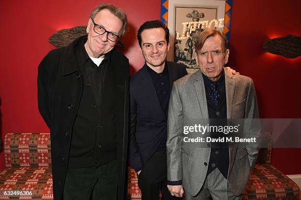 Tom Wilkinson, Andrew Scott and Timothy Spall attend a gala screening of "Denial" at The Ham Yard Hotel on January 23, 2017 in London, England.