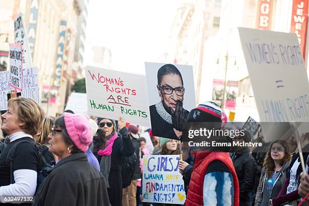 View of the crowd at the women's march in Los Angeles on January 21, 2017 in Los Angeles, California.