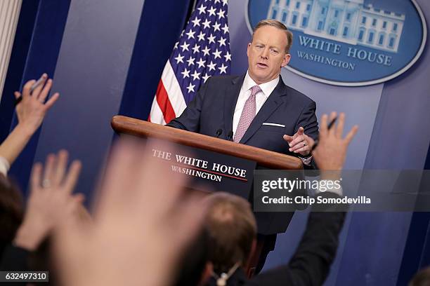 White House Press Secretary Sean Spicer holds the daily press briefing in the James Brady Press Briefing Room at the White House January 23, 2017 in...