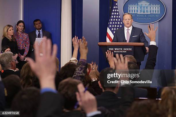 White House Press Secretary Sean Spicer holds the daily press briefing in the James Brady Press Briefing Room at the White House January 23, 2017 in...