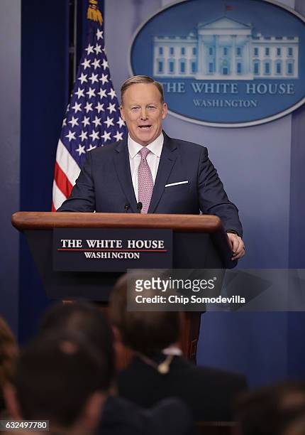 White House Press Secretary Sean Spicer holds the daily press briefing in the James Brady Press Briefing Room at the White House January 23, 2017 in...