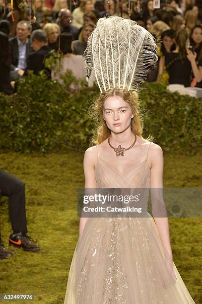 Model walks the runway at the Christian Dior Spring Summer 2017 fashion show during Paris Haute Couture Fashion Week on January 23, 2017 in Paris,...