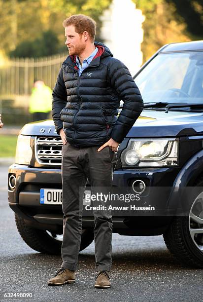 Prince Harry arrives for a visit to the Help for Heroes Recovery Centre at Tedworth House on January 23, 2017 in Tidworth, England.