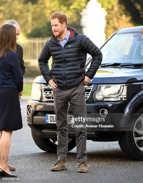 Prince Harry arrives for a visit to the Help for Heroes Recovery Centre at Tedworth House on January 23, 2017 in Tidworth, England.