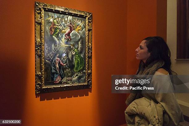 Visitors attend 'L'Annunciazione di El Greco' exhibition preview at the Capitoline Museums. The exhibition opens to the public on January 24 and runs...