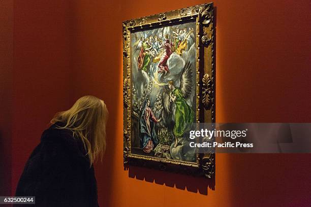 Visitors attend 'L'Annunciazione di El Greco' exhibition preview at the Capitoline Museums. The exhibition opens to the public on January 24 and runs...