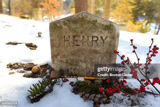 Pencil lies at the base of the gravestone of Henry David Thoreau at the Sleepy Hollow Cemetery in Concord, MA on Jan. 20, 2016.