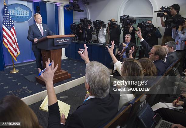 White House Press Secretary Sean Spicer holds the first daily press briefing of the Trump administration in the Brady Press Briefing Room at the...