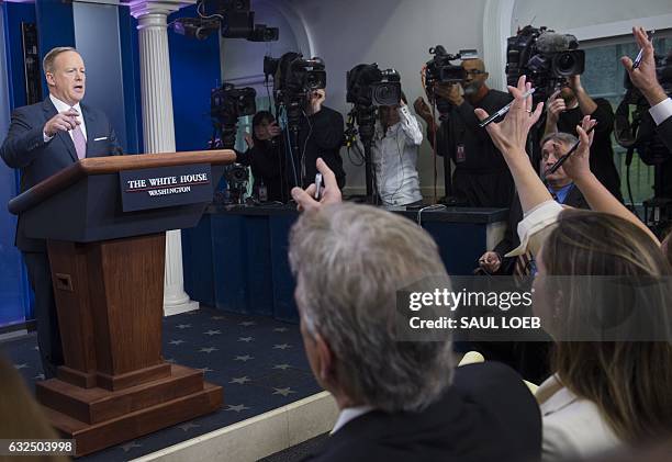 White House Press Secretary Sean Spicer holds the first daily press briefing of the Trump administration in the Brady Press Briefing Room at the...