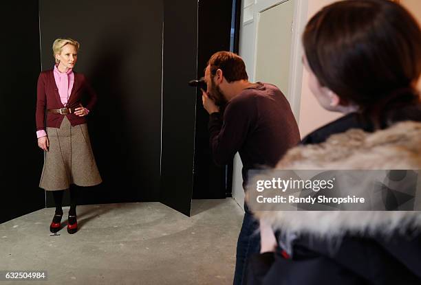 Actress Anne Heche and photographer Jeff Vespa behind the scenes in the WireImage Portrait Studio at AT&T At The Lift during the 2017 Sundance Film...