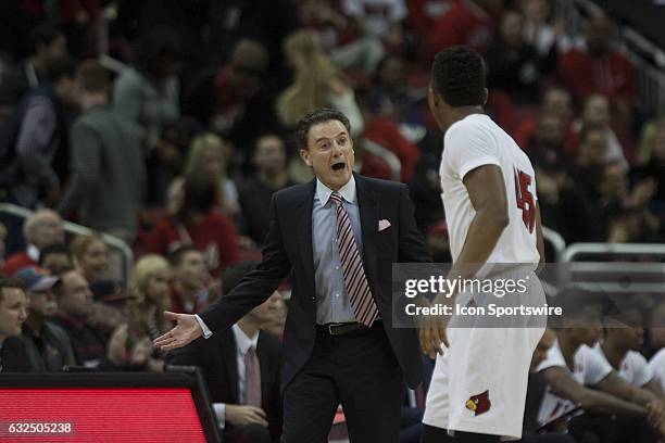Louisville Cardinals head coach Rick Pitino yells at Louisville Cardinals guard Donovan Mitchell in the first half on January 14, 2017 at the KFC...