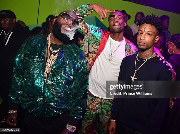 Rick Ross, Meek Mill and 21 Savage attend Rick Ross Birthday Bash at XS Lounge on January 23, 2017 in Atlanta, Georgia.