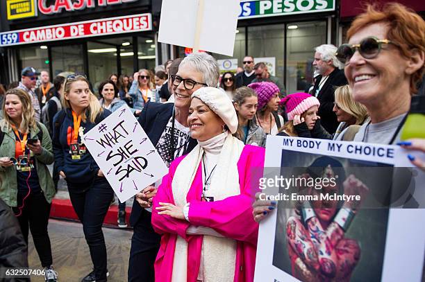 Actress Jamie Lee Curtis and Debbie Allen attend the women's march in Los Angeles on January 21, 2017 in Los Angeles, California.