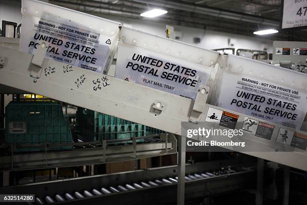 Trays of periodicals are seen before being sorted by postal workers at the United States Postal Service sorting center in Louisville, Kentucky, U.S.,...