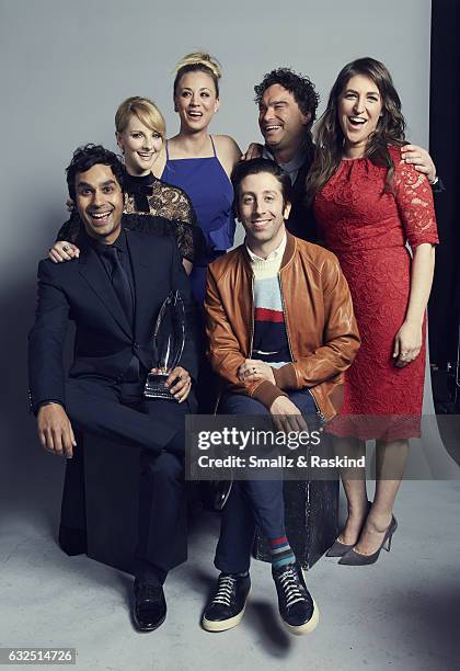 The Cast of The Big Bang Theory pose for a portrait as the winners of 'Favorite Network TV Comedy" at the 2017 People's Choice Awards at the...