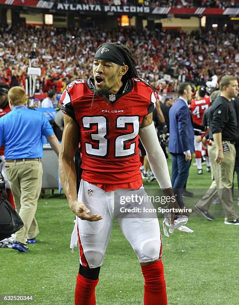 Atlanta Falcons cornerback Jalen Collins starts to celebrate late in the fourth quarter of the NFC Championship Game game between the Green Bay...