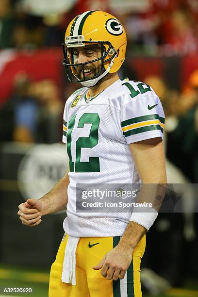 Green Bay Packers quarterback Aaron Rodgers during warms up before the NFC Championship Game game between the Green Bay Packers and the Atlanta...