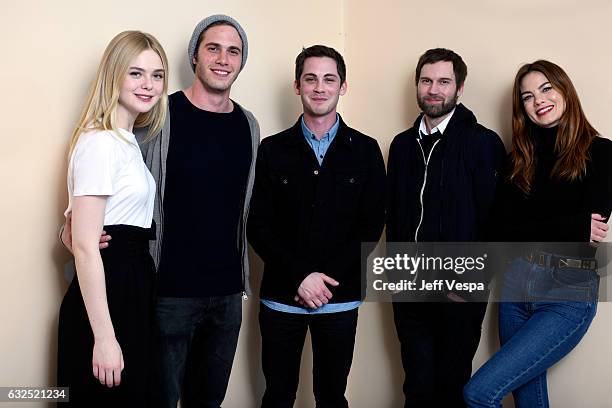 Actors Elle Fanning, Blake Jenner, Logan Lerman, filmmaker Shawn Christensen and actress Michelle Monaghan from the film "Sidney Hall" pose for a...