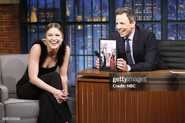 Episode 476 -- Pictured: Actress Melissa Benoist during an interview with host Seth Meyers on January 23, 2017 --