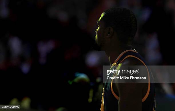 Kevin Durant of the Golden State Warriors looks on during a game against the Miami Heat at American Airlines Arena on January 23, 2017 in Miami,...