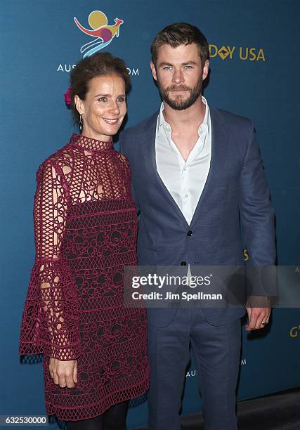 Actors Rachel Griffiths and Chris Hemsworth attend a virtual tour of Australia at Hudson Mercantile on January 23, 2017 in New York City.