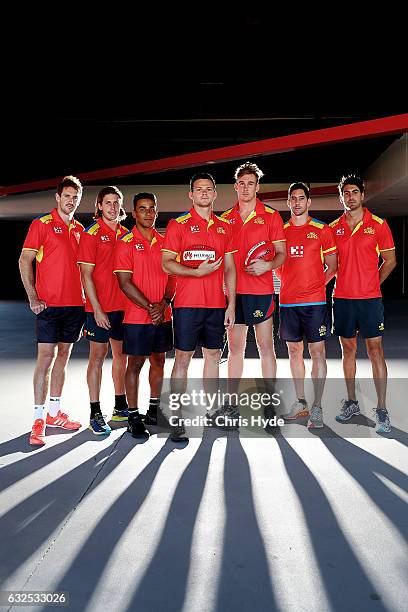 Player leadership group Michael Barlow, David Swallow, Touk Miller, Steven May, Tom Lynch, Michael Rischitell and Matt Rosa pose during a Gold Suns...