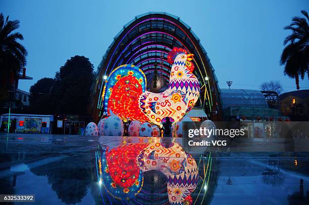 Lantern of rooster seen at Chengdu Happy Valley on January 22, 2017 in Chengdu, Sichuan Province of China. To welcome the Year of Rooster, Chinese...