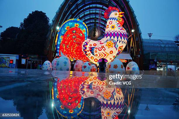 Lantern of rooster seen at Chengdu Happy Valley on January 22, 2017 in Chengdu, Sichuan Province of China. To welcome the Year of Rooster, Chinese...